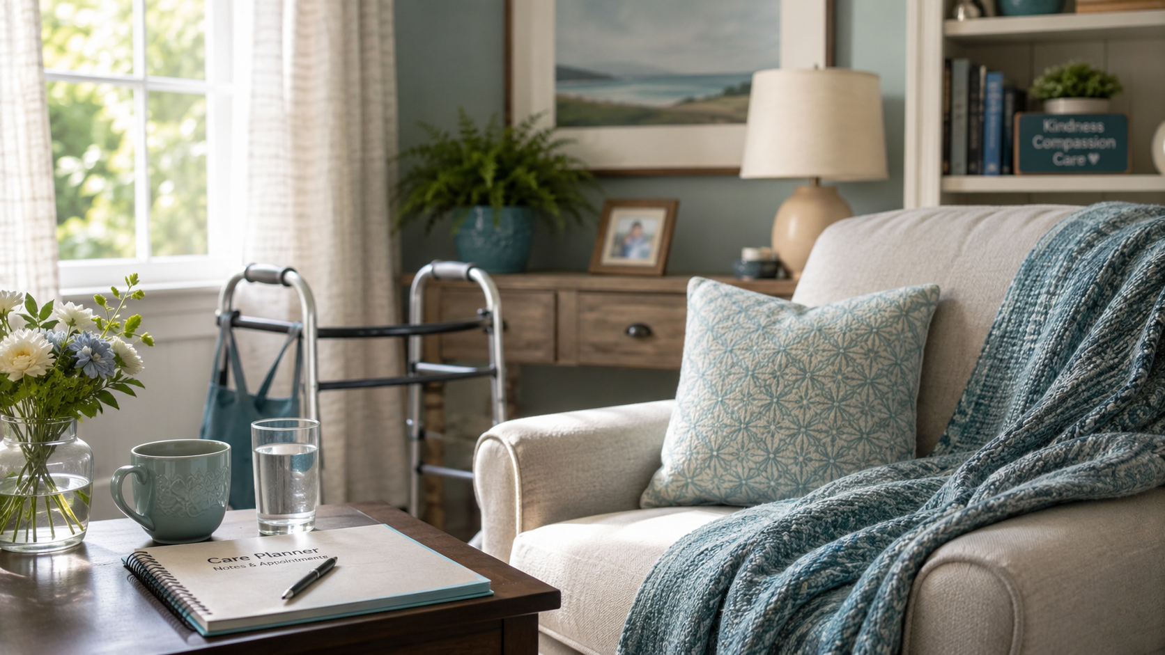 Calm, accessible living room with a mobility walker — a safe environment for clients who use mobility aids.