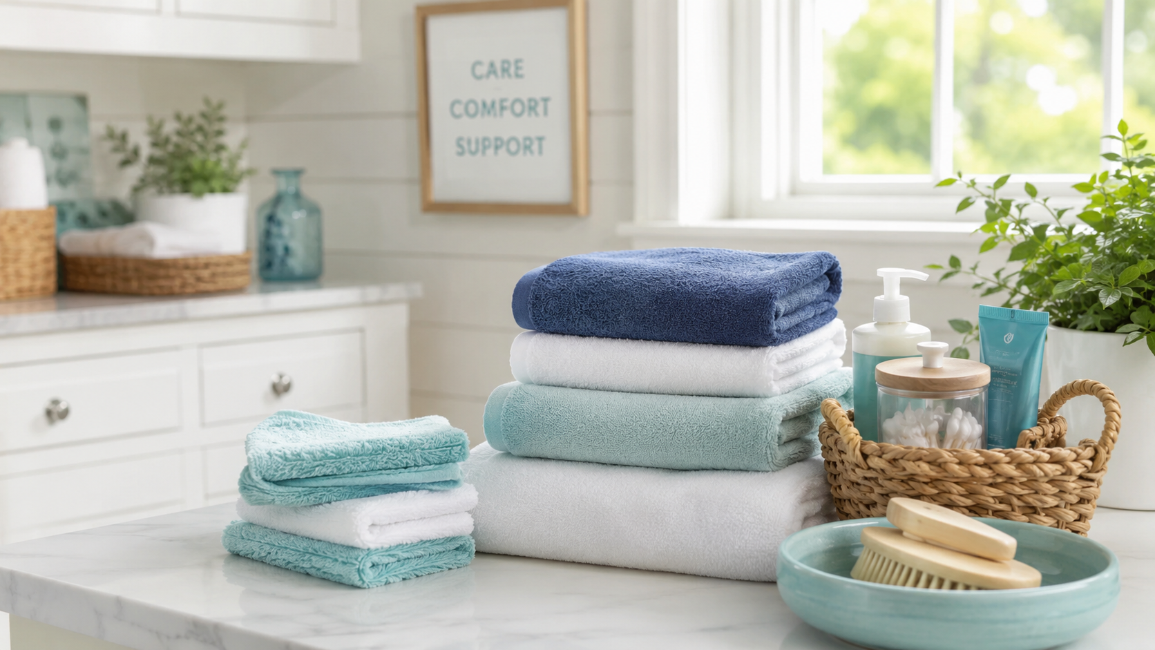 Neatly folded laundry and toiletries — daily living and light housekeeping support.