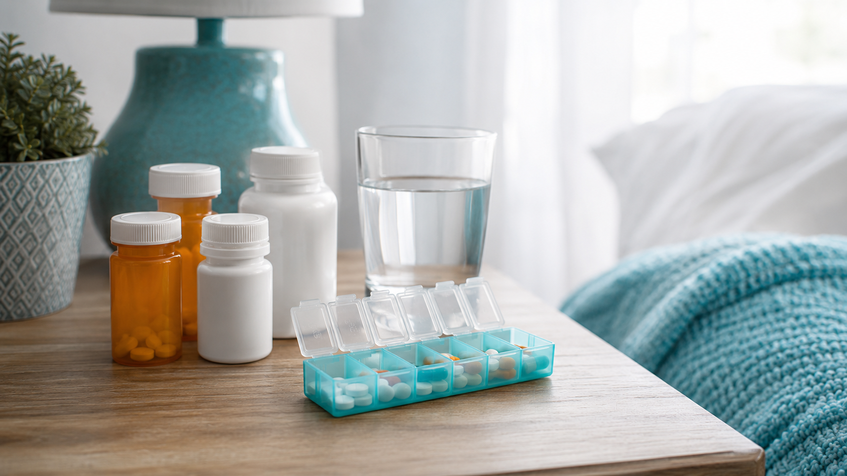 Bedside medication tray and water — supporting a calm post-surgery recovery routine.